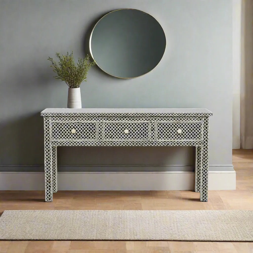 Fish Inlay End Table Bone Inlay Fish-scale Design 3 Drawers Console Table Black – Lakecity ...