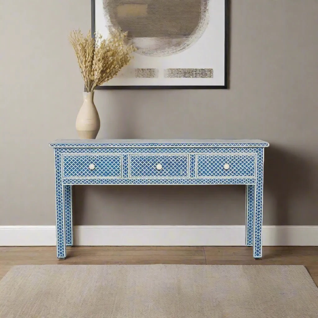 Fish Inlay End Table Bone Inlay Fish-scale Design 3 Drawers Console Table Blue – Lakecity ...