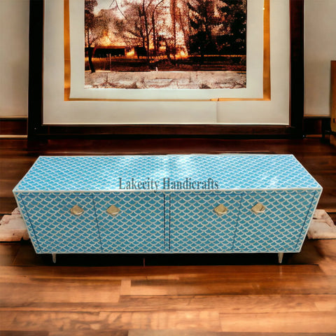 Bone Inlay Fish-scale Design Media Console Sky Blue | Entertainment Unit