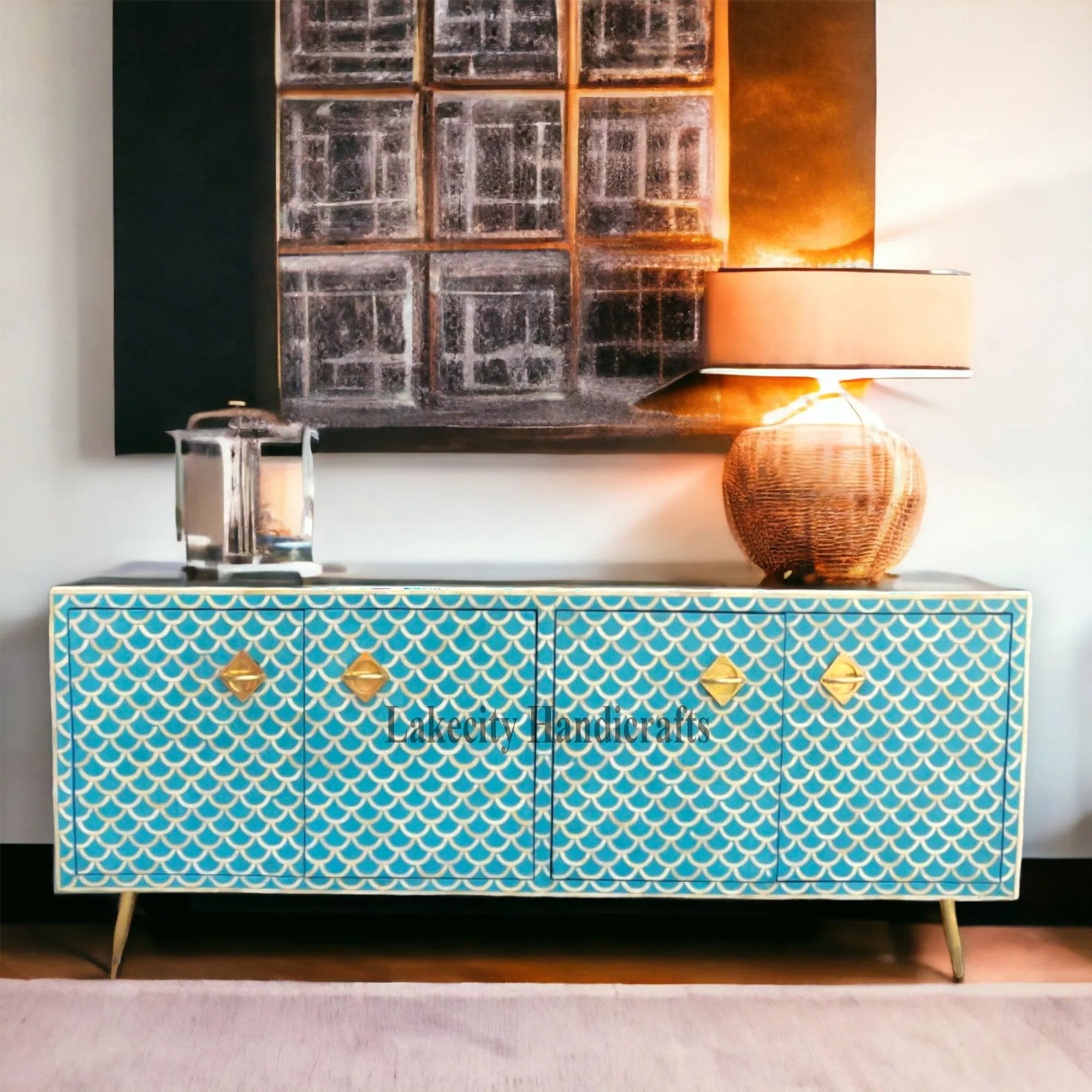 Decorative sideboard with fish-scale pattern in a room setting