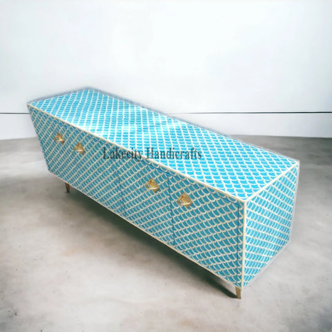 Bone Inlay Fish-scale Design Media Console Sky Blue | Entertainment Unit