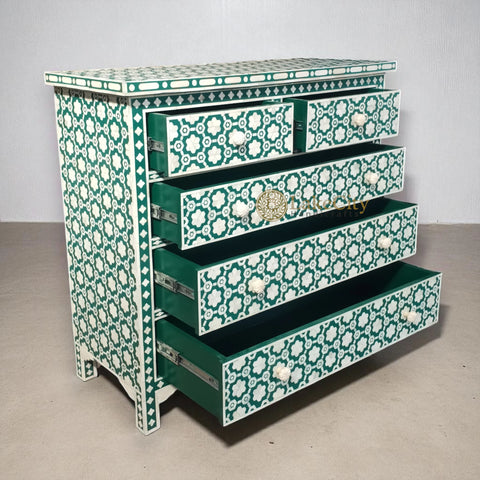 Bone Inlay Floating Flower 5 Drawers Chest Teal Green | Bone Inlay Floating Flower 5 Drawers Dresser Teal Green