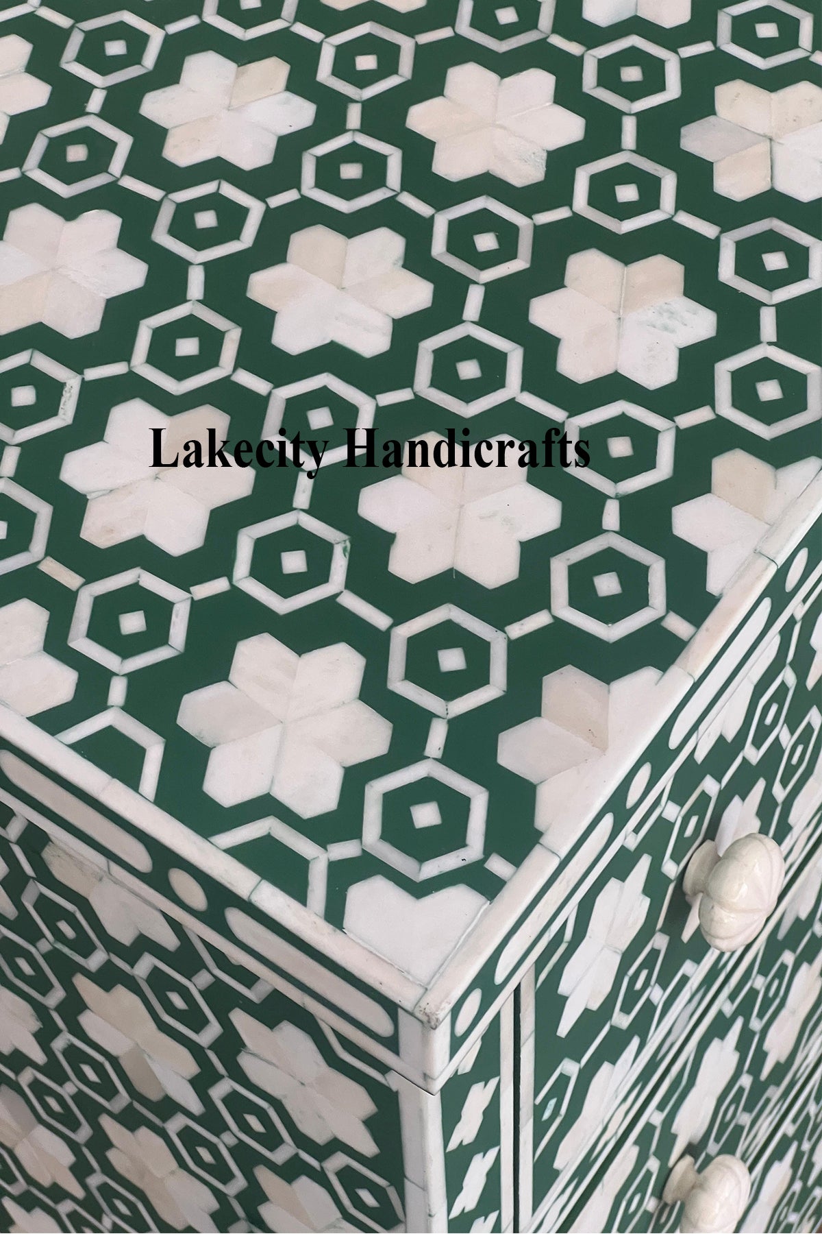 Flower Bone Inlay 3 Drawer Bedside Teal Green
