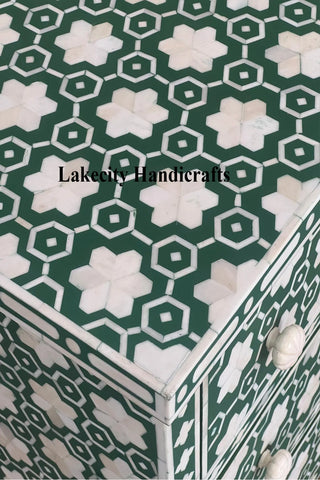 Flower Bone Inlay 3 Drawer Bedside Teal Green