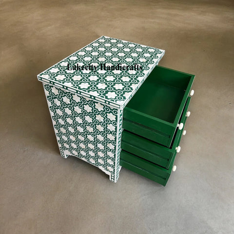 Flower Bone Inlay 3 Drawer Bedside Teal Green