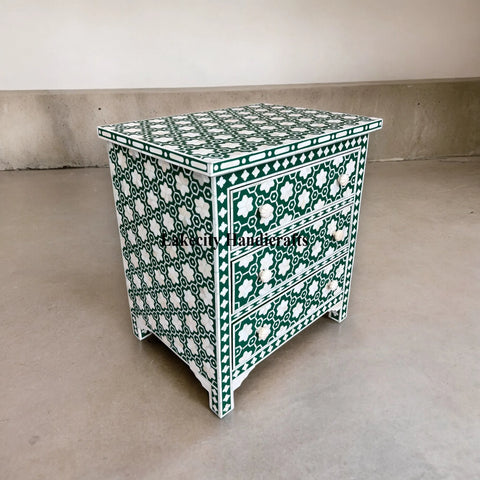 Flower Bone Inlay 3 Drawer Bedside Teal Green