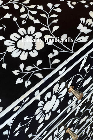 Bone Inlay Flowers Design Blooming Bedside Black | Floral Bone Inlay Nightstand Table