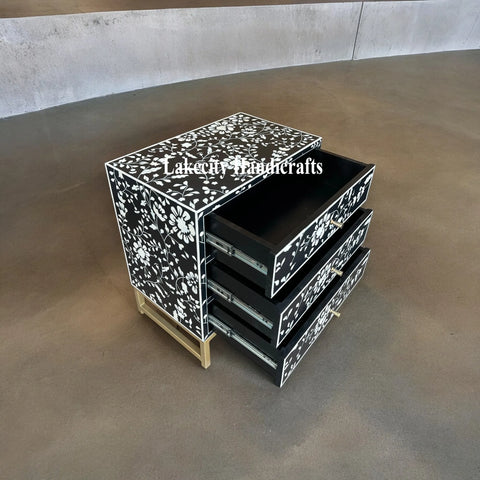 Bone Inlay Flowers Design Blooming Bedside Black | Floral Bone Inlay Nightstand Table