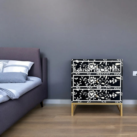 Bone Inlay Flowers Design Blooming Bedside Black | Floral Bone Inlay Nightstand Table