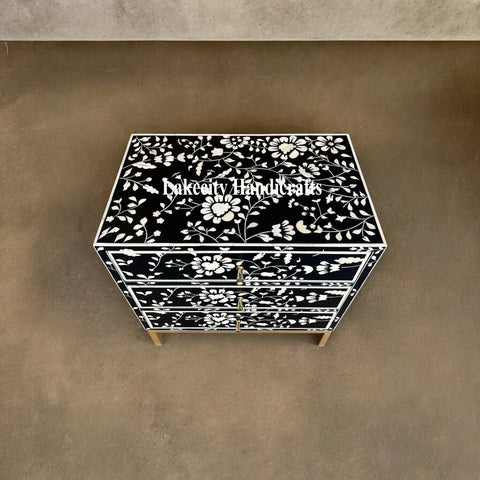 Bone Inlay Flowers Design Blooming Bedside Black | Floral Bone Inlay Nightstand Table
