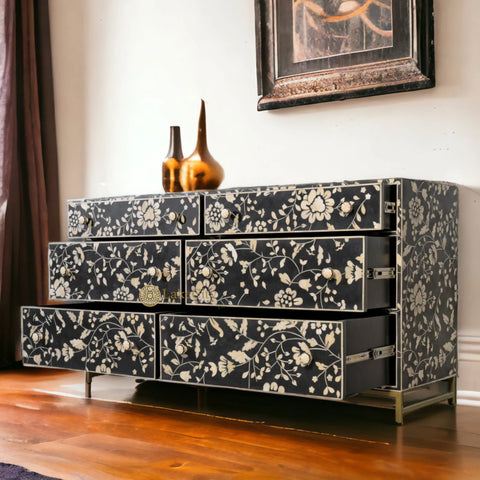 Bone Inlay Flowers Design Blooming 6 Drawers Chest Black
