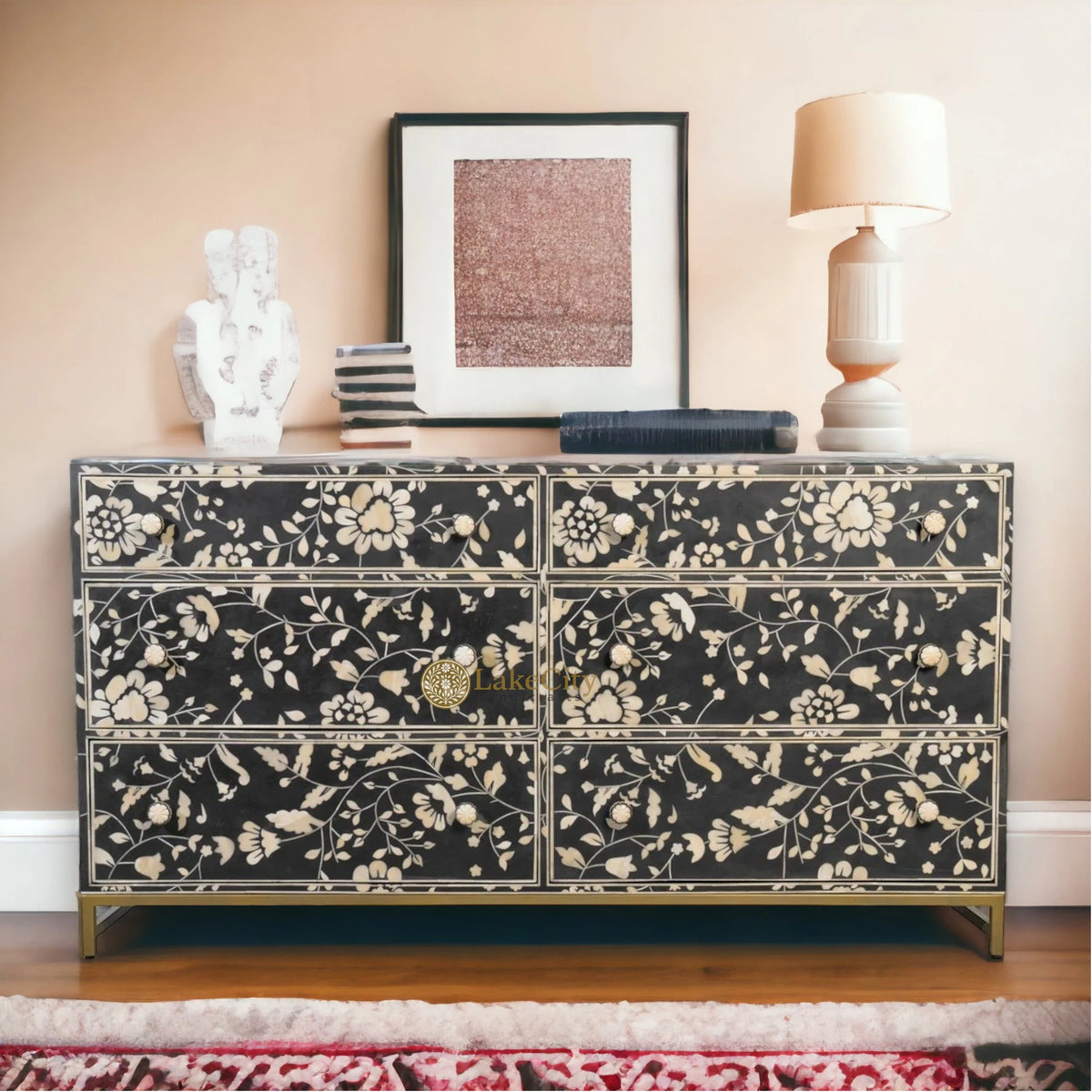 Bone Inlay Flowers Design Blooming 6 Drawers Chest Black
