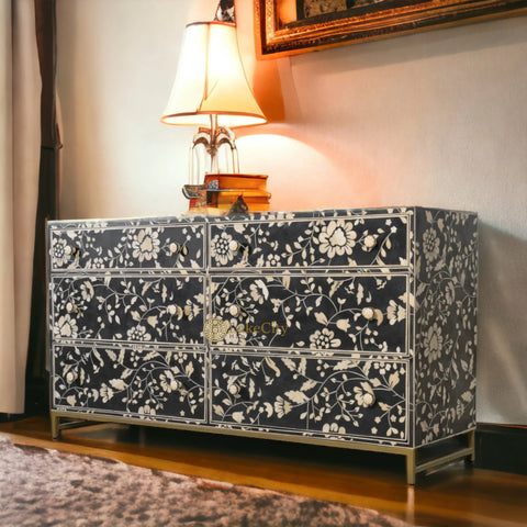 Bone Inlay Flowers Design Blooming 6 Drawers Chest Black