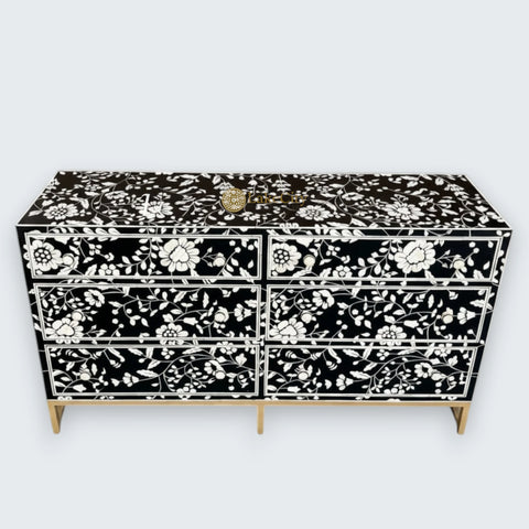 Bone Inlay Flowers Design Blooming 6 Drawers Chest Black