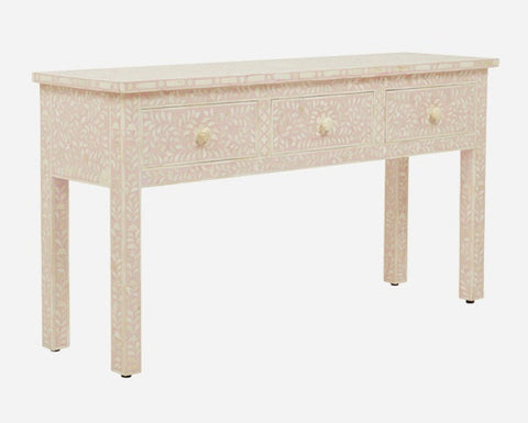 Bone Inlay Floral 3 Drawer Console Edge Blush Pink 2