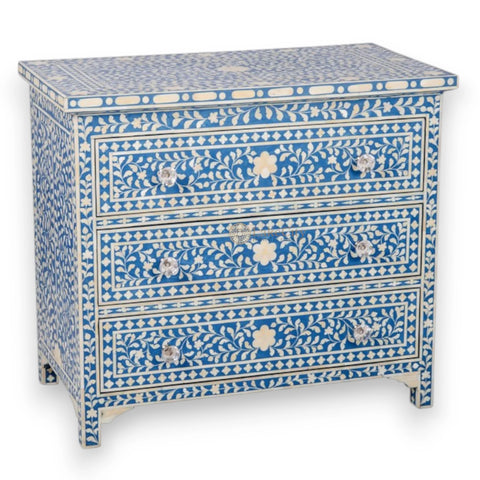 Bone Inlay Floral 3 Drawer Chest Blue