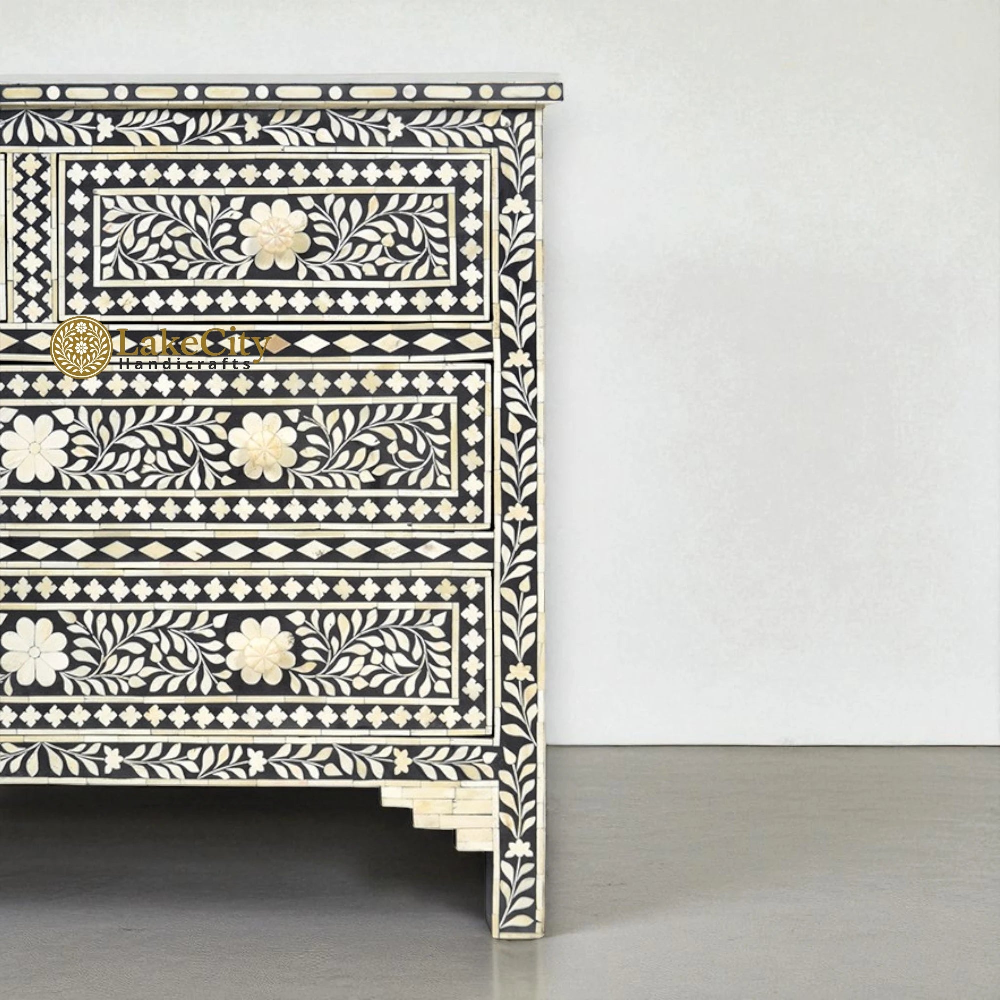 Bone Inlay Floral Chest of 4 Drawers Black | Bone Inlay Floral 4 Drawers Dresser Table Black