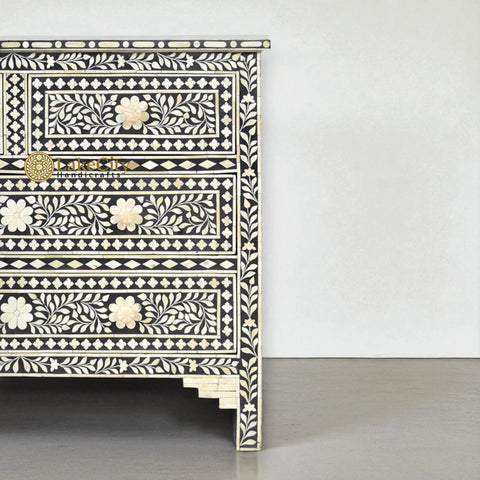 Bone Inlay Floral Chest of 4 Drawers Black | Bone Inlay Floral 4 Drawers Dresser Table Black