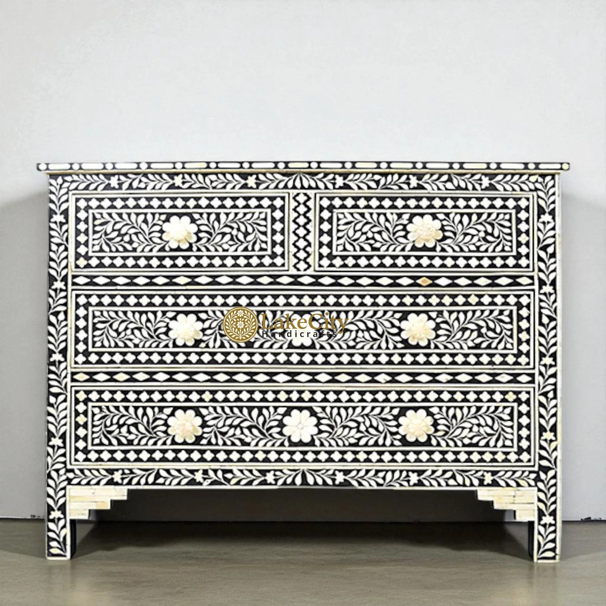 Bone Inlay Floral Chest of 4 Drawers Black | Bone Inlay Floral 4 Drawers Dresser Table Black