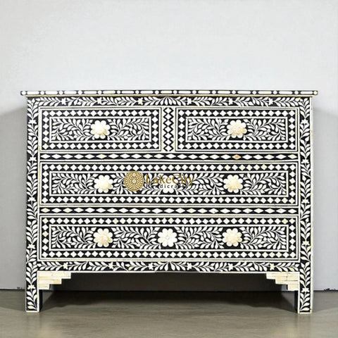 Bone Inlay Floral Chest of 4 Drawers Black | Bone Inlay Floral 4 Drawers Dresser Table Black