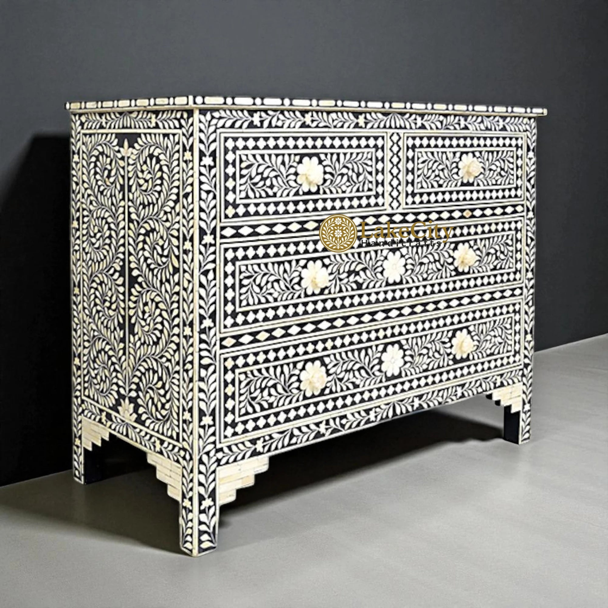 Bone Inlay Floral Chest of 4 Drawers Black | Bone Inlay Floral 4 Drawers Dresser Table Black