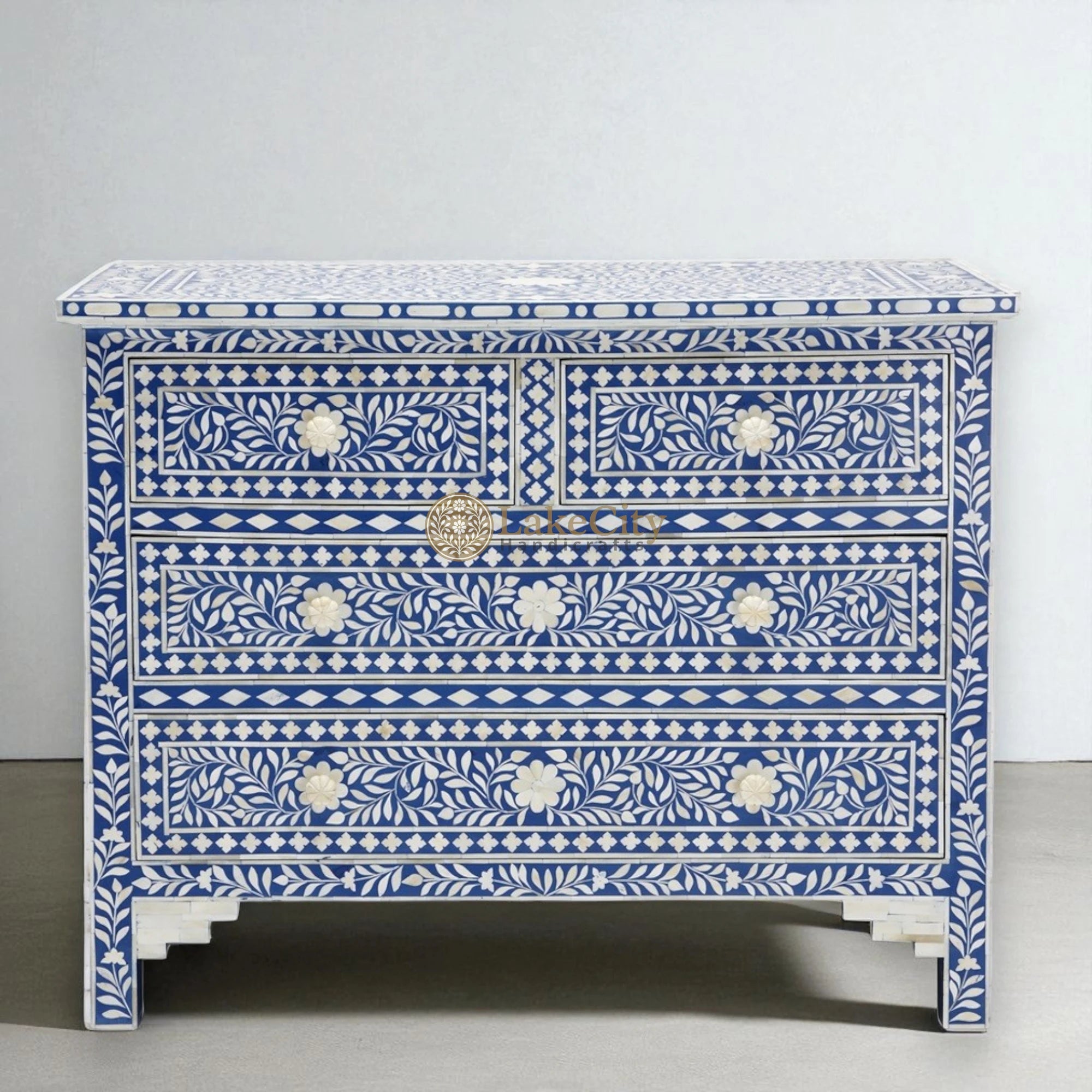 Bone Inlay Floral Chest Of 4 Drawer Blue | Bone Inlay Floral 4 Drawer Dresser Table Blue