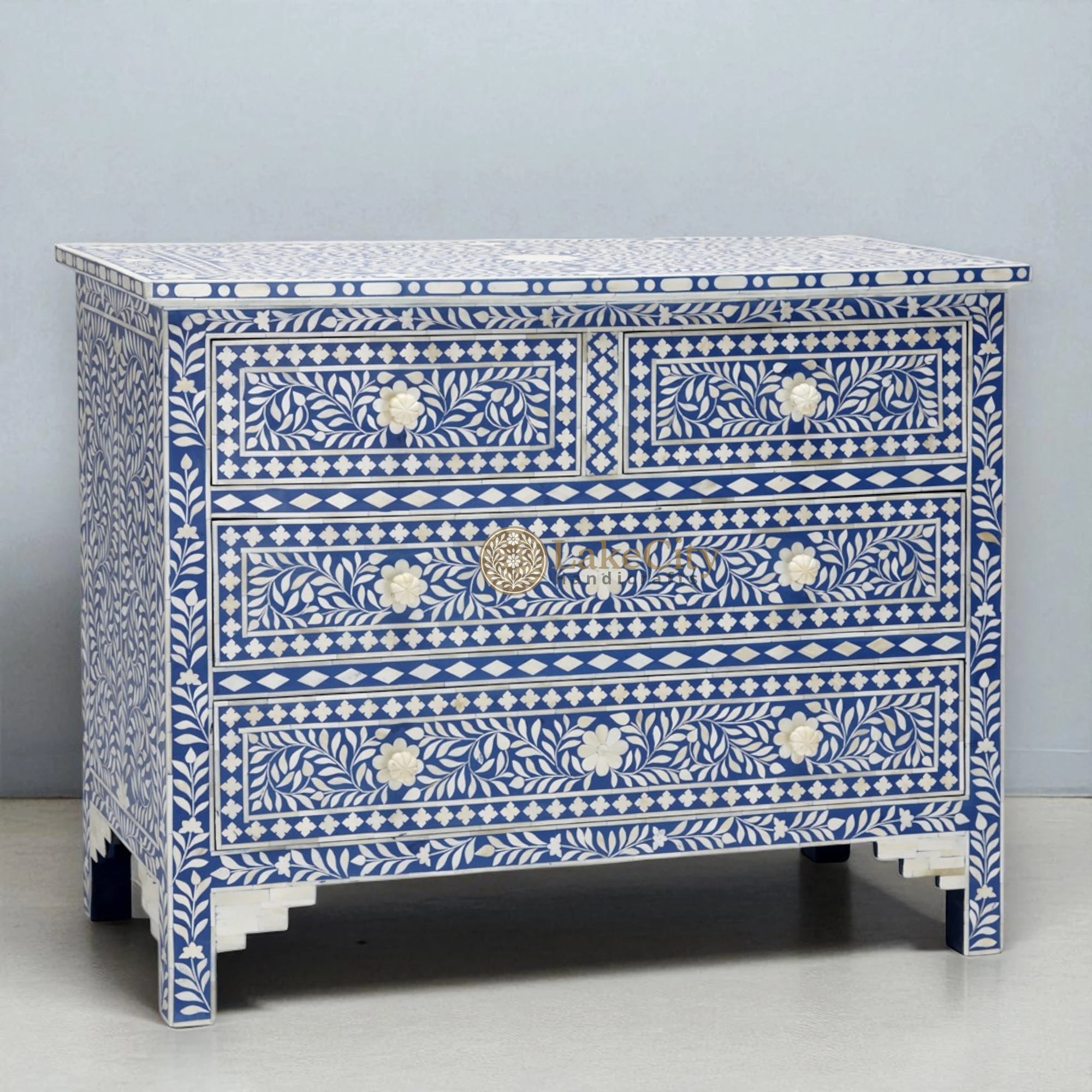 Bone Inlay Floral Chest Of 4 Drawer Blue | Bone Inlay Floral 4 Drawer Dresser Table Blue
