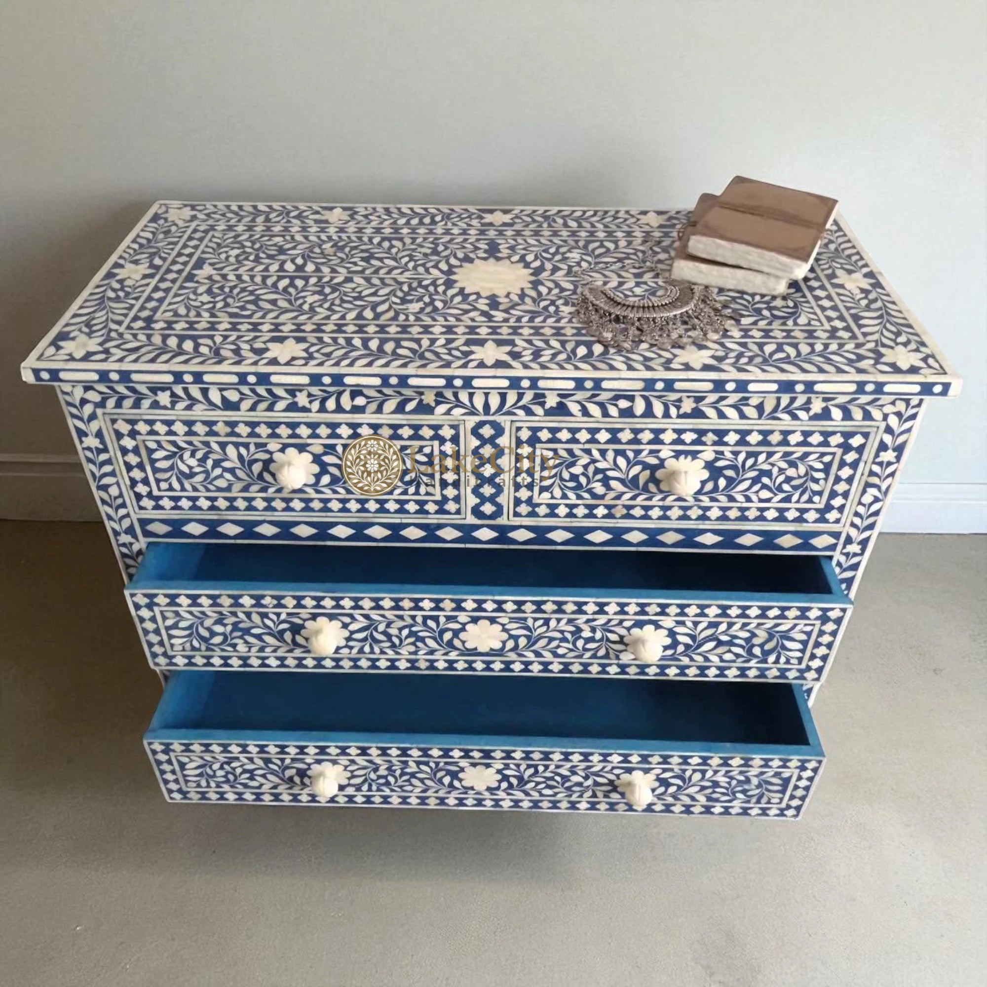 Bone Inlay Floral Chest Of 4 Drawer Blue | Bone Inlay Floral 4 Drawer Dresser Table Blue