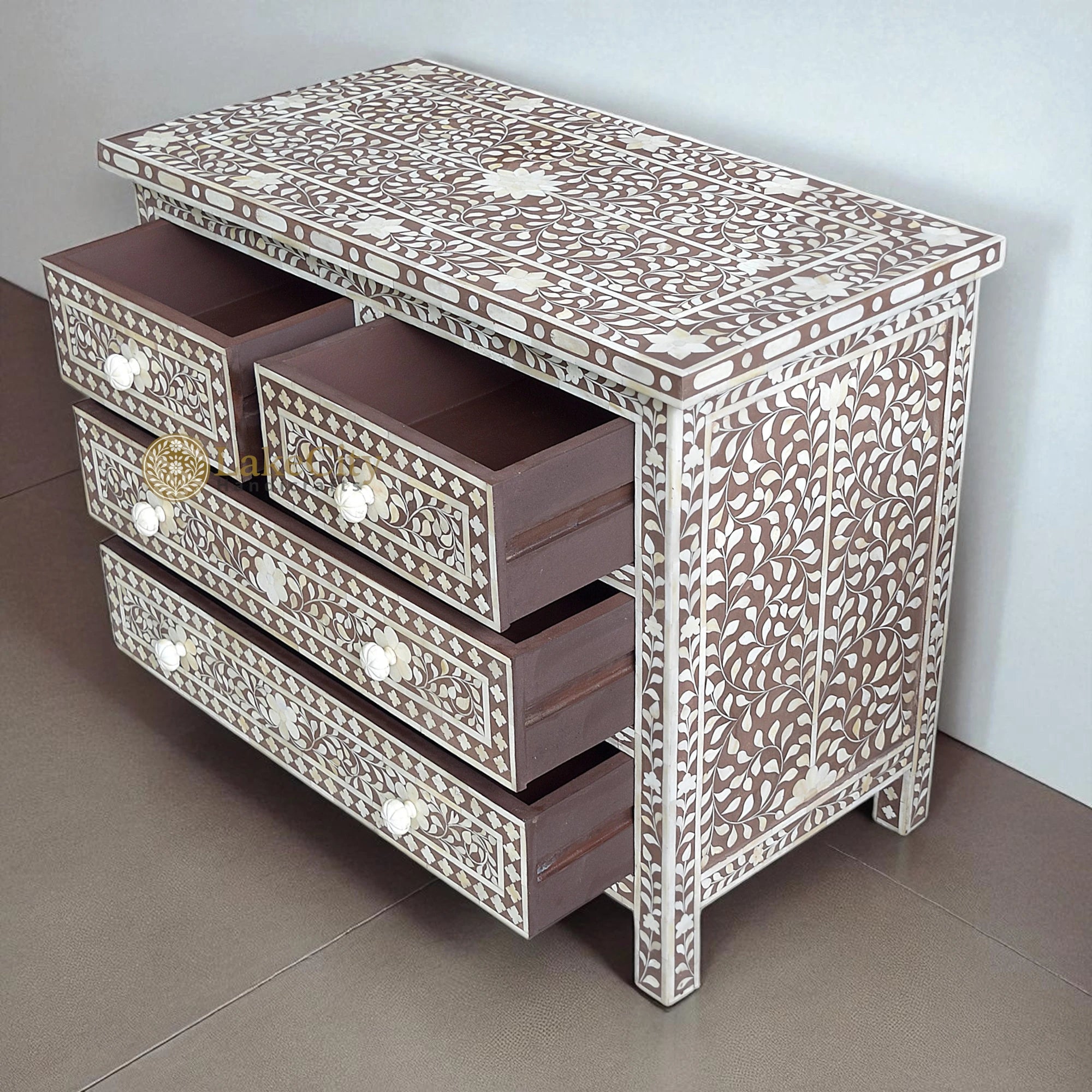 Bone Inlay Floral Chest Of 4 Drawer Brown | Bone Inlay Floral 4 Drawers Dresser Table Brown