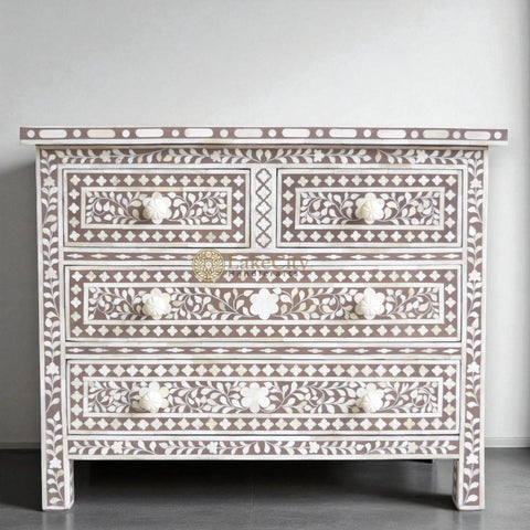 Bone Inlay Floral Chest Of 4 Drawer Brown | Bone Inlay Floral 4 Drawers Dresser Table Brown