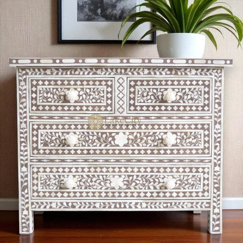 Bone Inlay Floral Chest Of 4 Drawer Brown | Bone Inlay Floral 4 Drawers Dresser Table Brown