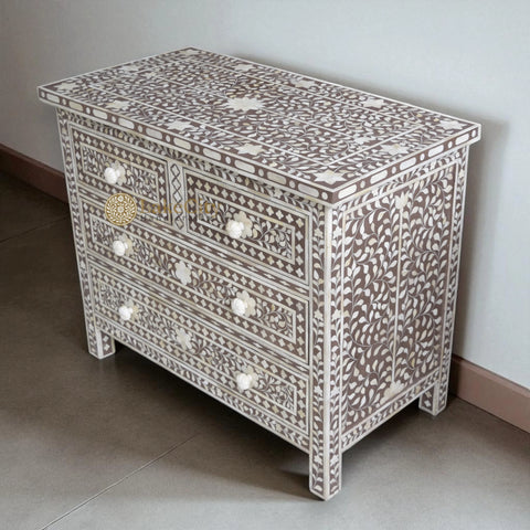 Bone Inlay Floral Chest Of 4 Drawer Brown | Bone Inlay Floral 4 Drawers Dresser Table Brown