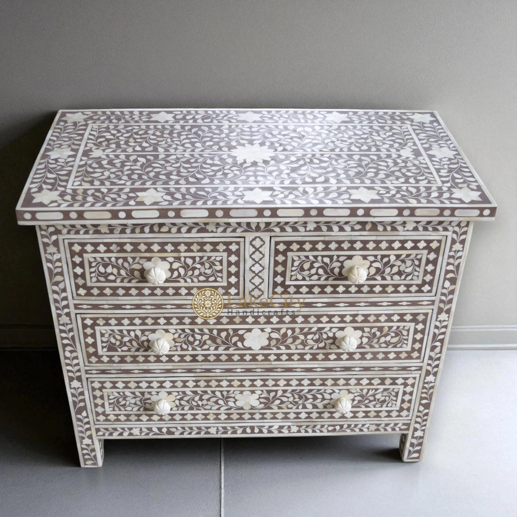 Bone Inlay Floral Chest Of 4 Drawer Brown | Bone Inlay Floral 4 Drawers Dresser Table Brown