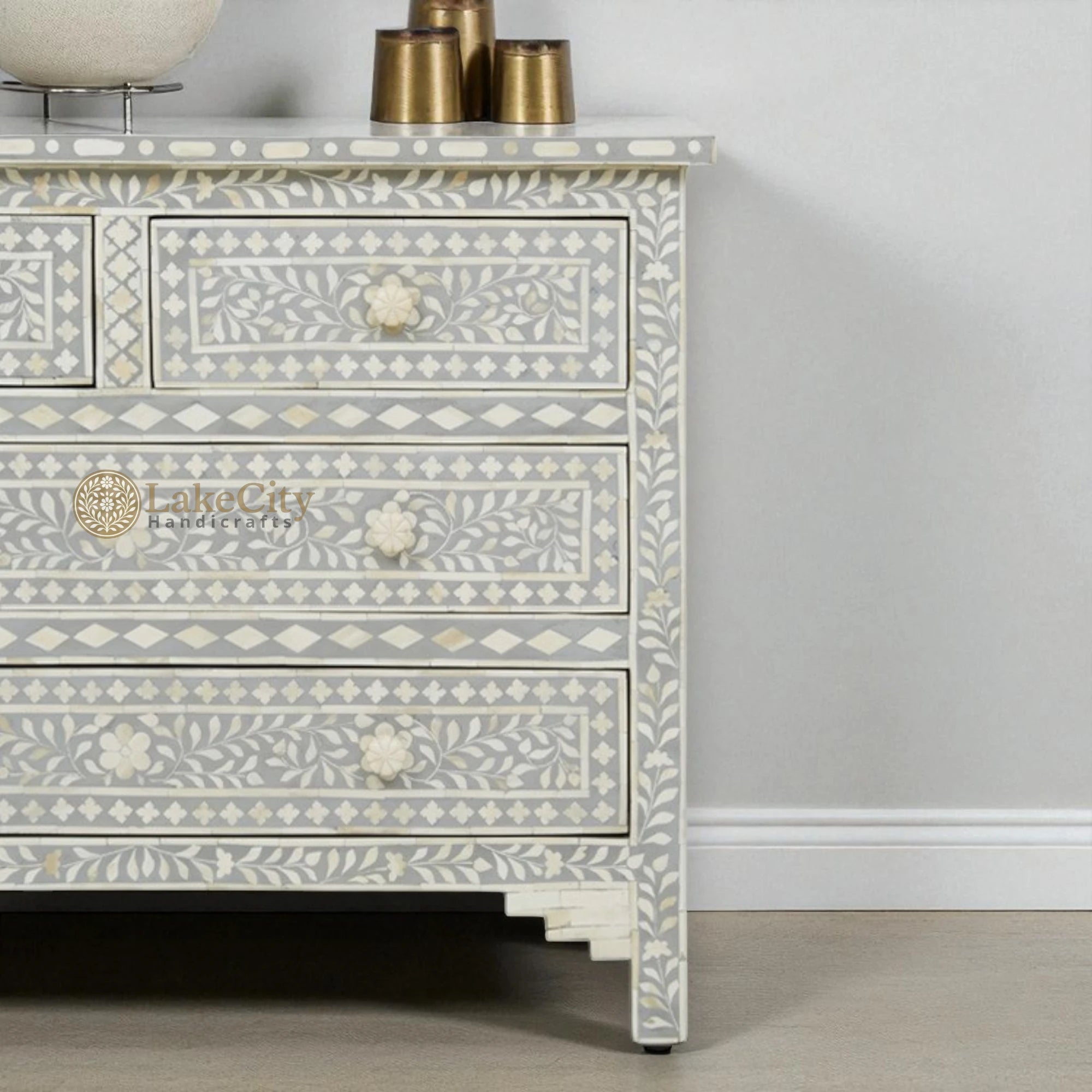 Bone Inlay Floral Chest Of 4 Drawer Grey | Bone Inlay Floral 4 Drawers Dresser Table Grey