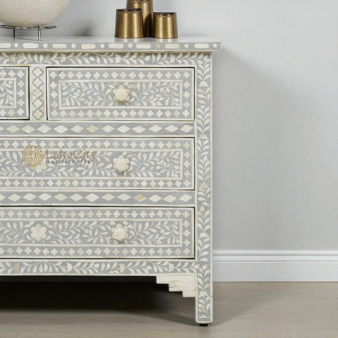 Bone Inlay Floral Chest Of 4 Drawer Grey | Bone Inlay Floral 4 Drawers Dresser Table Grey