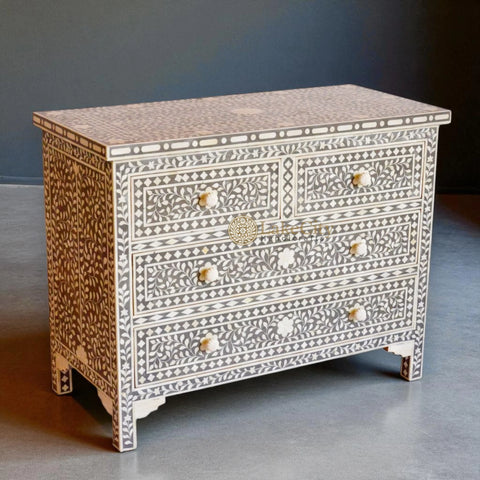 Bone Inlay Floral Chest Of 4 Drawer Grey | Bone Inlay Floral 4 Drawers Dresser Table Grey