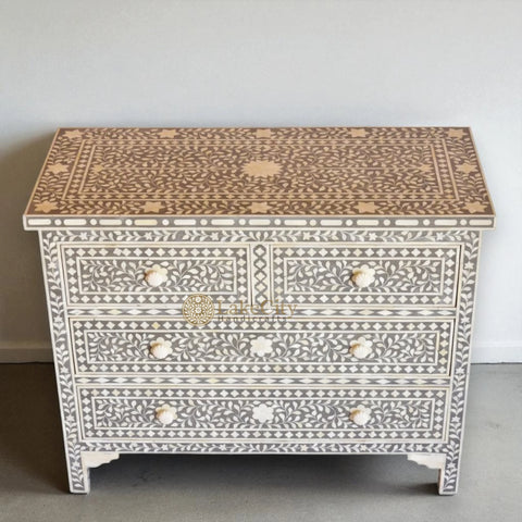 Bone Inlay Floral Chest Of 4 Drawer Grey | Bone Inlay Floral 4 Drawers Dresser Table Grey