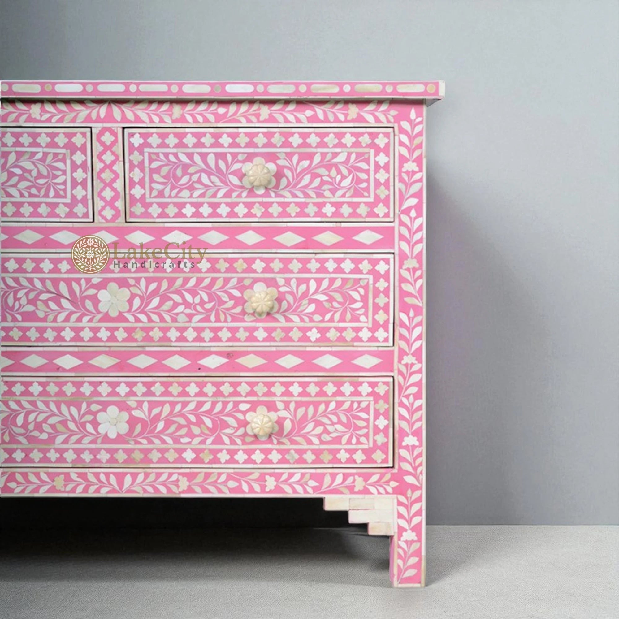 Bone Inlay Floral Chest Of 4 Drawer Pink
