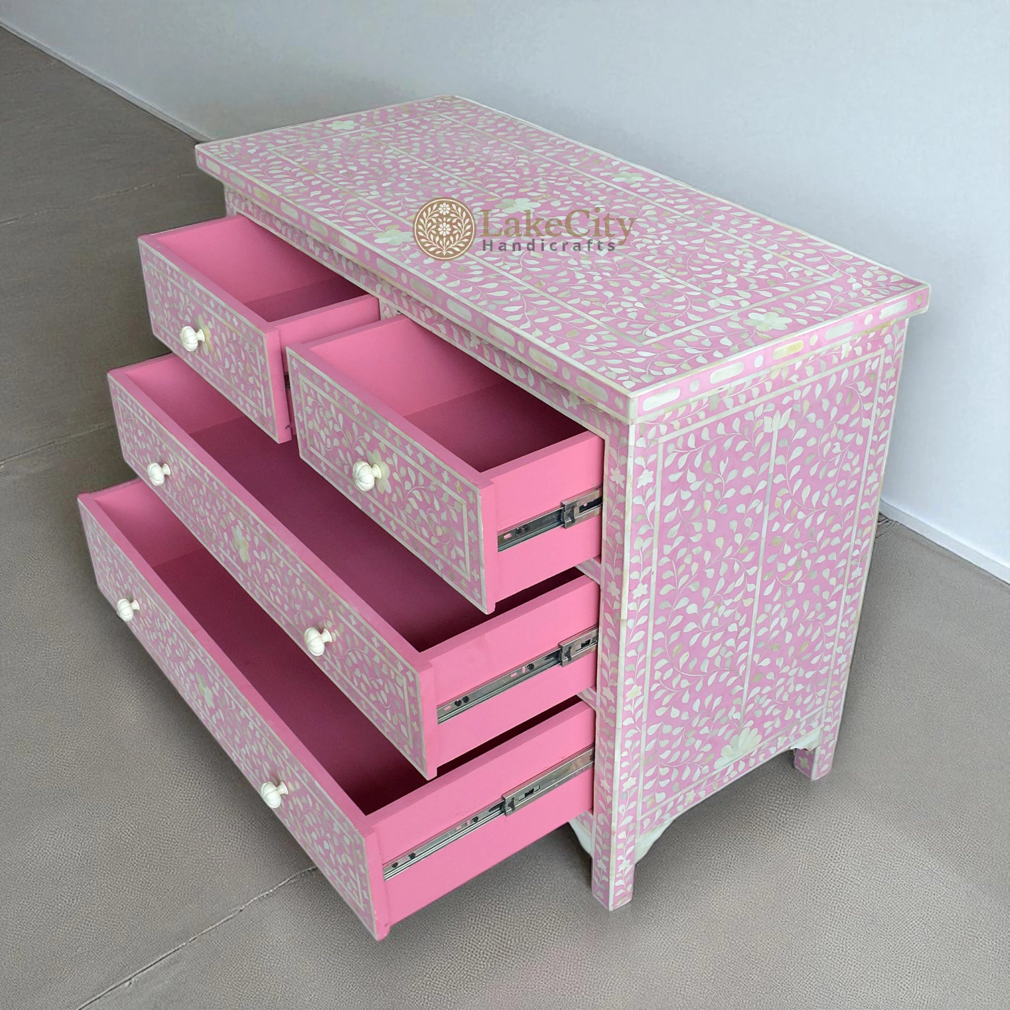 Bone Inlay Floral Chest Of 4 Drawer Pink