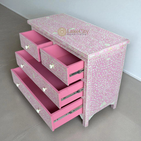 Bone Inlay Floral Chest Of 4 Drawer Pink