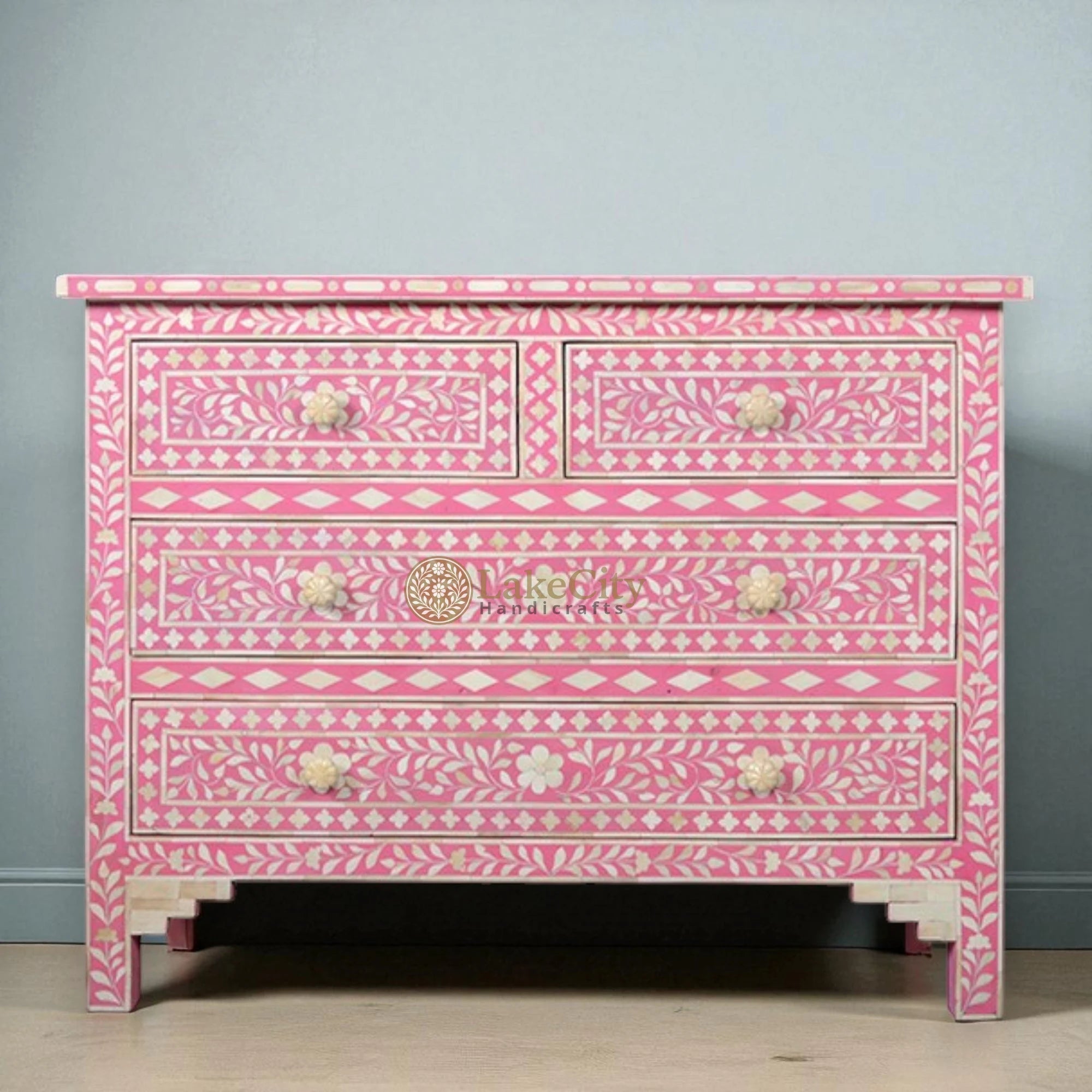 Bone Inlay Floral Chest Of 4 Drawer Pink