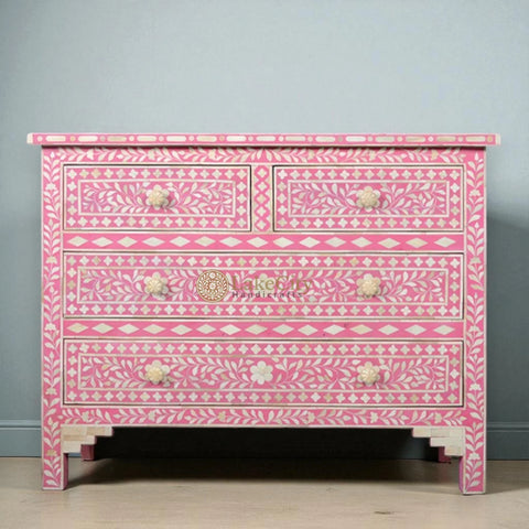 Bone Inlay Floral Chest Of 4 Drawer Pink