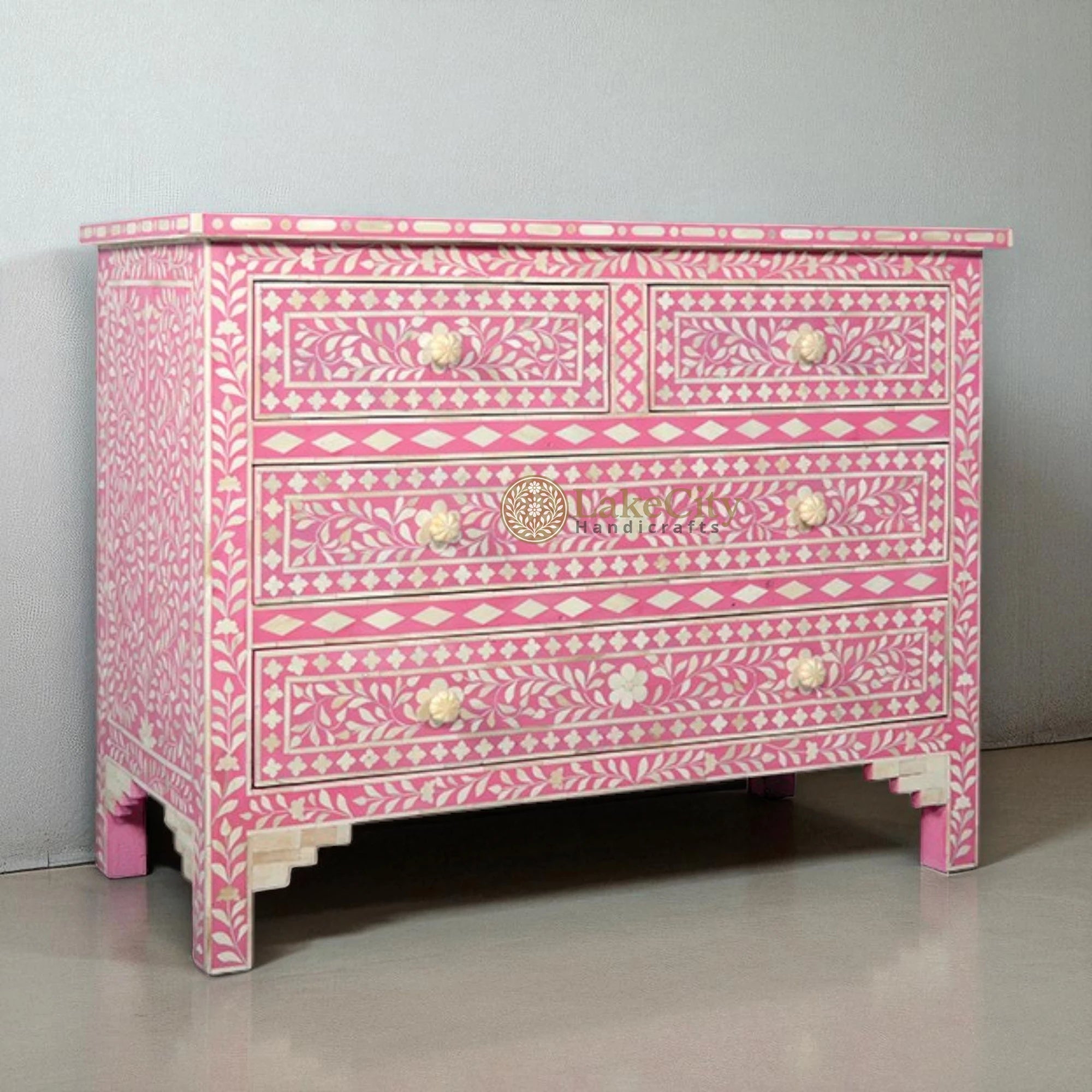 Bone Inlay Floral Chest Of 4 Drawer Pink