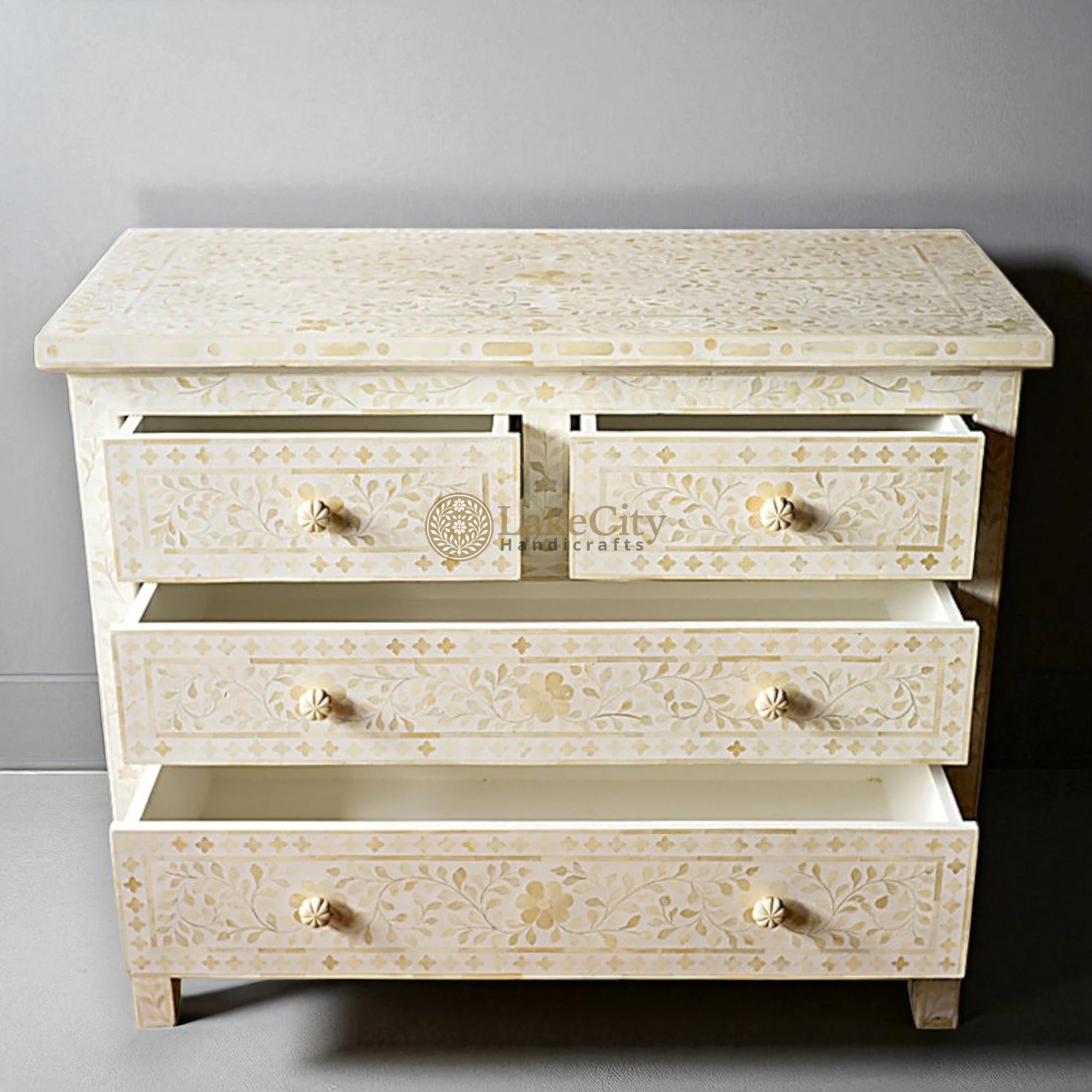 Bone Inlay Floral Chest Of 4 Drawer White | Bone Inlay Floral 4 Drawers Dresser Table White