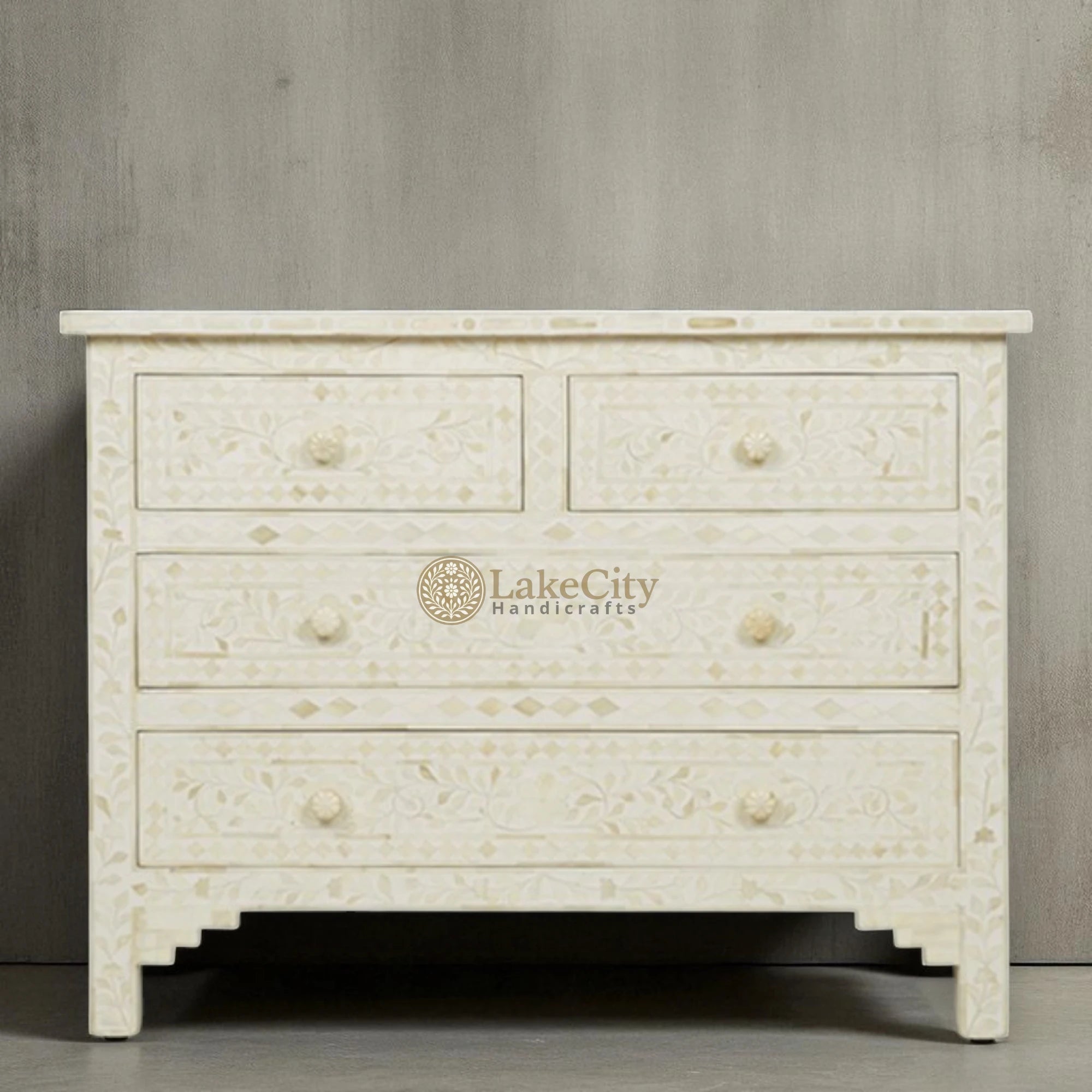 Bone Inlay Floral Chest Of 4 Drawer White | Bone Inlay Floral 4 Drawers Dresser Table White