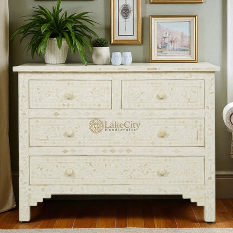 Bone Inlay Floral Chest Of 4 Drawer White | Bone Inlay Floral 4 Drawers Dresser Table White