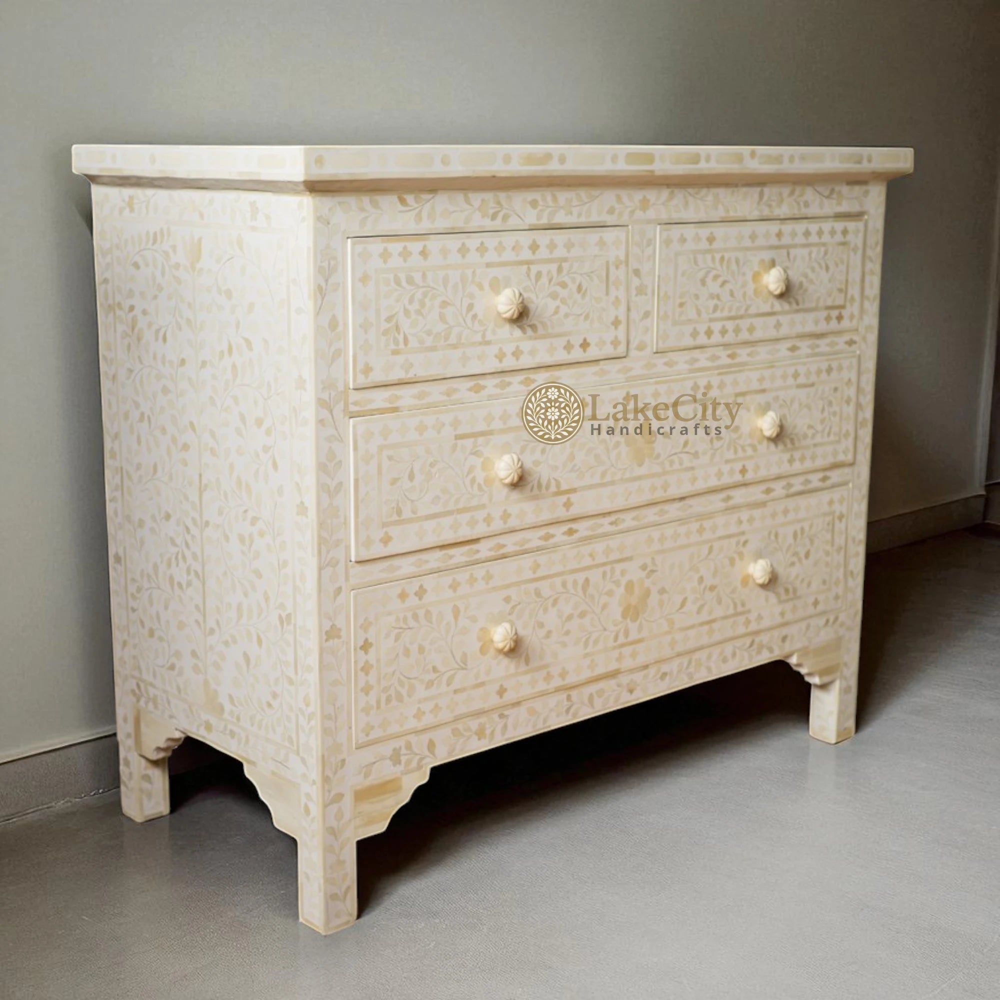 Bone Inlay Floral Chest Of 4 Drawer White | Bone Inlay Floral 4 Drawers Dresser Table White