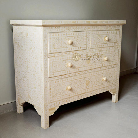 Bone Inlay Floral Chest Of 4 Drawer White | Bone Inlay Floral 4 Drawers Dresser Table White