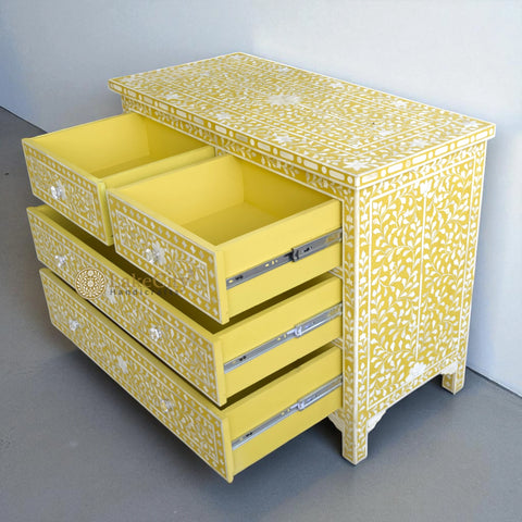 Bone Inlay Floral Chest Of 4 Drawer Yellow | Bone Inlay Floral 4 Drawer Dresser Table Yellow