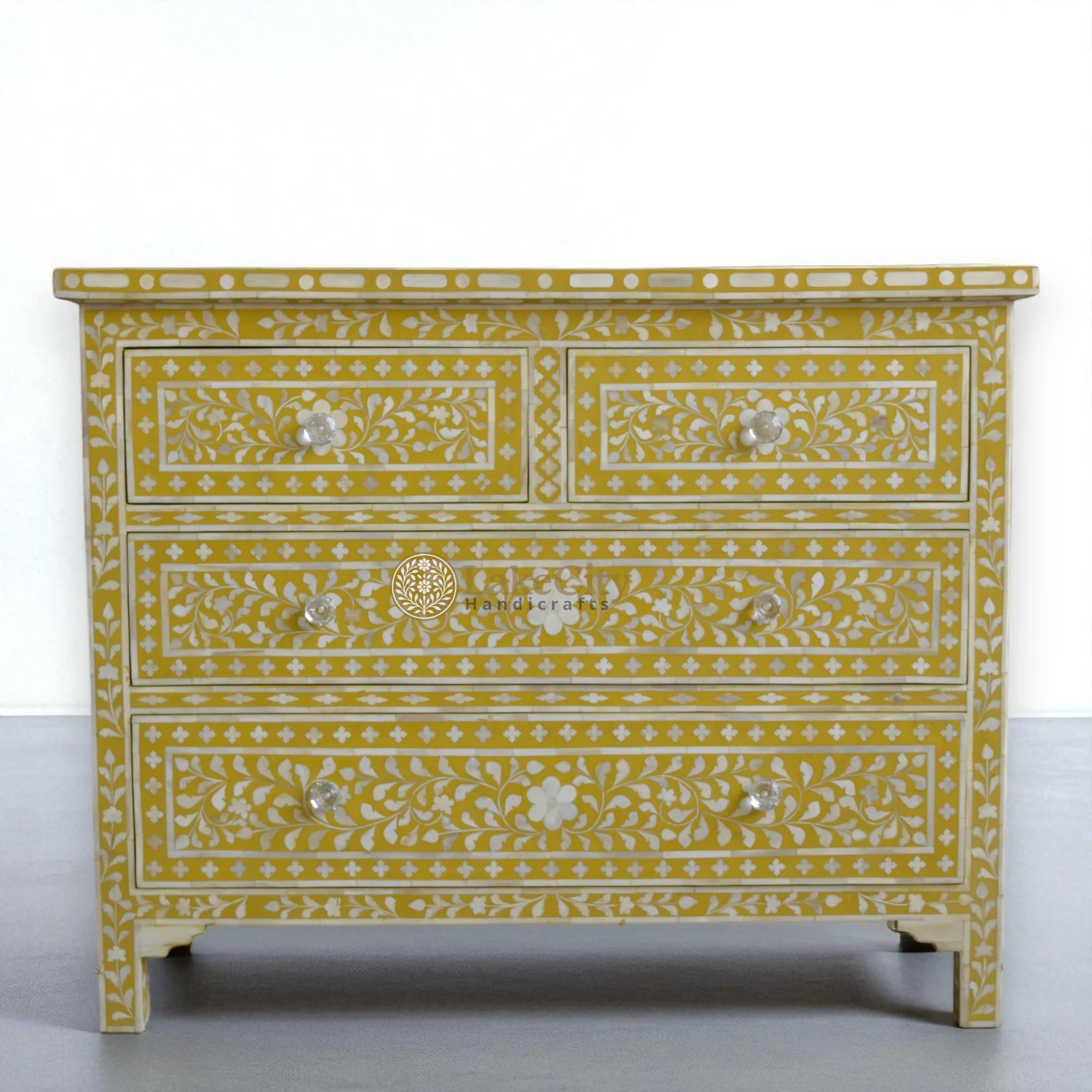 Bone Inlay Floral Chest Of 4 Drawer Yellow | Bone Inlay Floral 4 Drawer Dresser Table Yellow